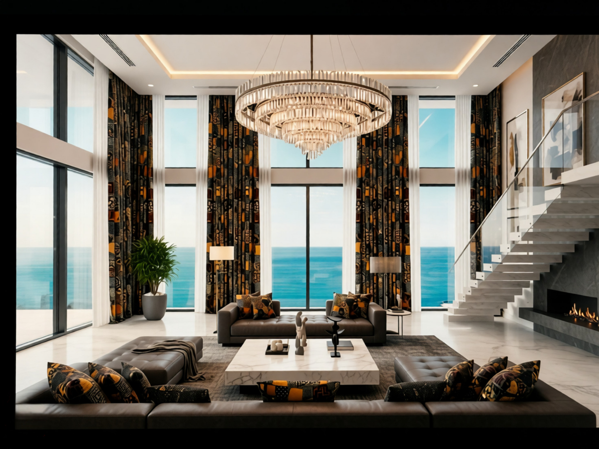 A luxury modern living room with a large crystal chandelier, sectional sofas, patterned curtains, and a staircase overlooking an ocean view.