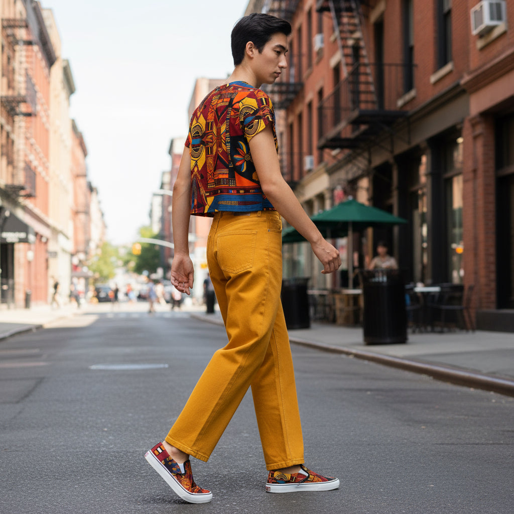 Person wearing a colorful geometric-patterned crop top walking in the street 
