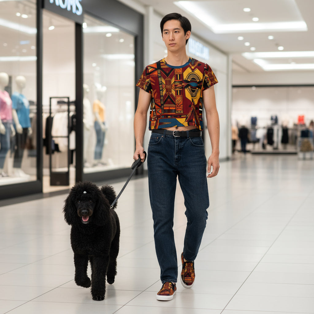 Man walking a black dog in a shopping mall