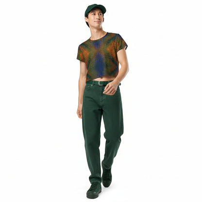 Person wearing a patterned shirt and green pants on a white background