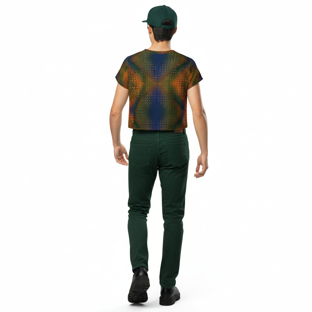 Person wearing a patterned shirt and green pants on a white background
