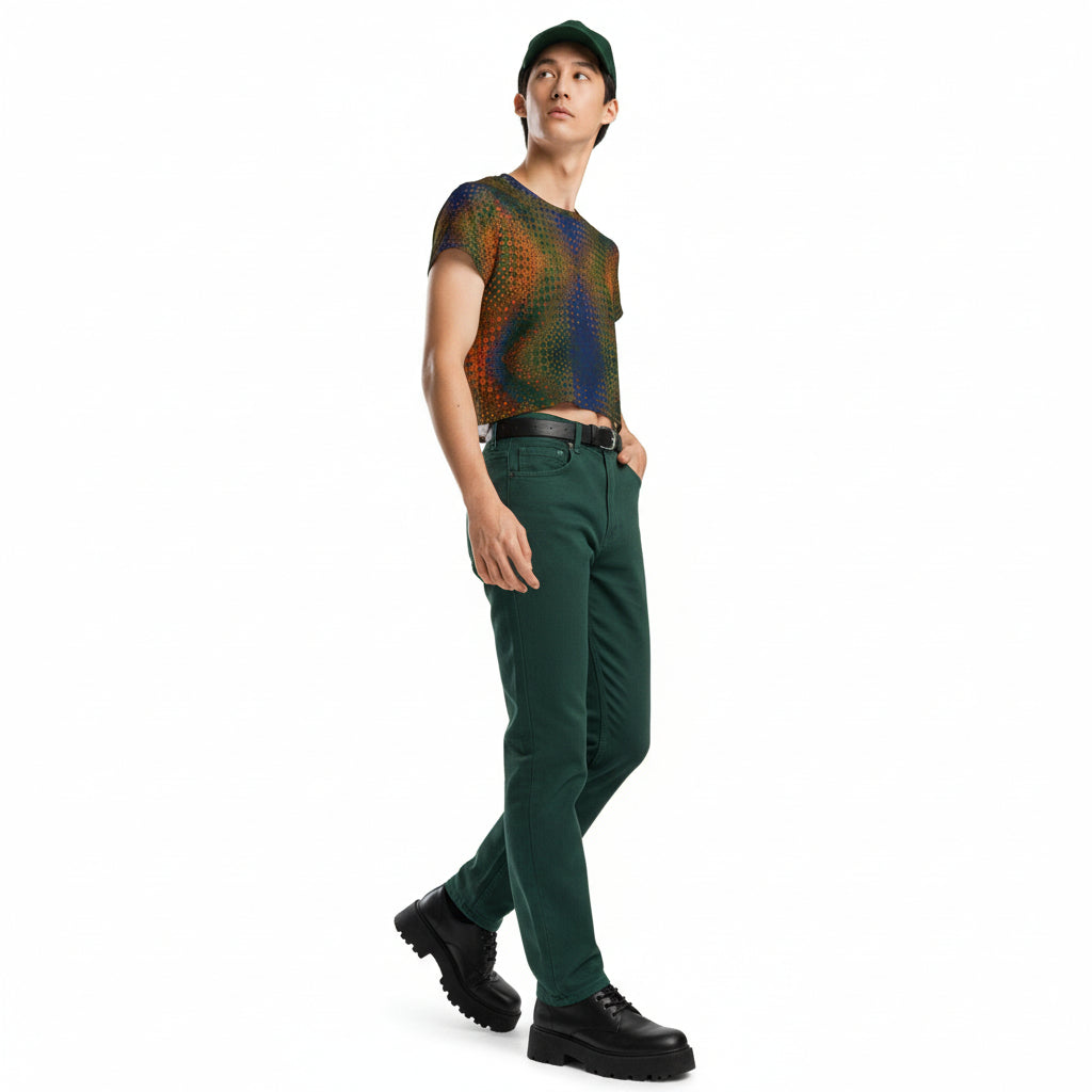 Person wearing a patterned shirt and jeans on a white background