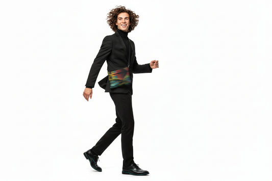 Multicolored handbag with a strap on a white background