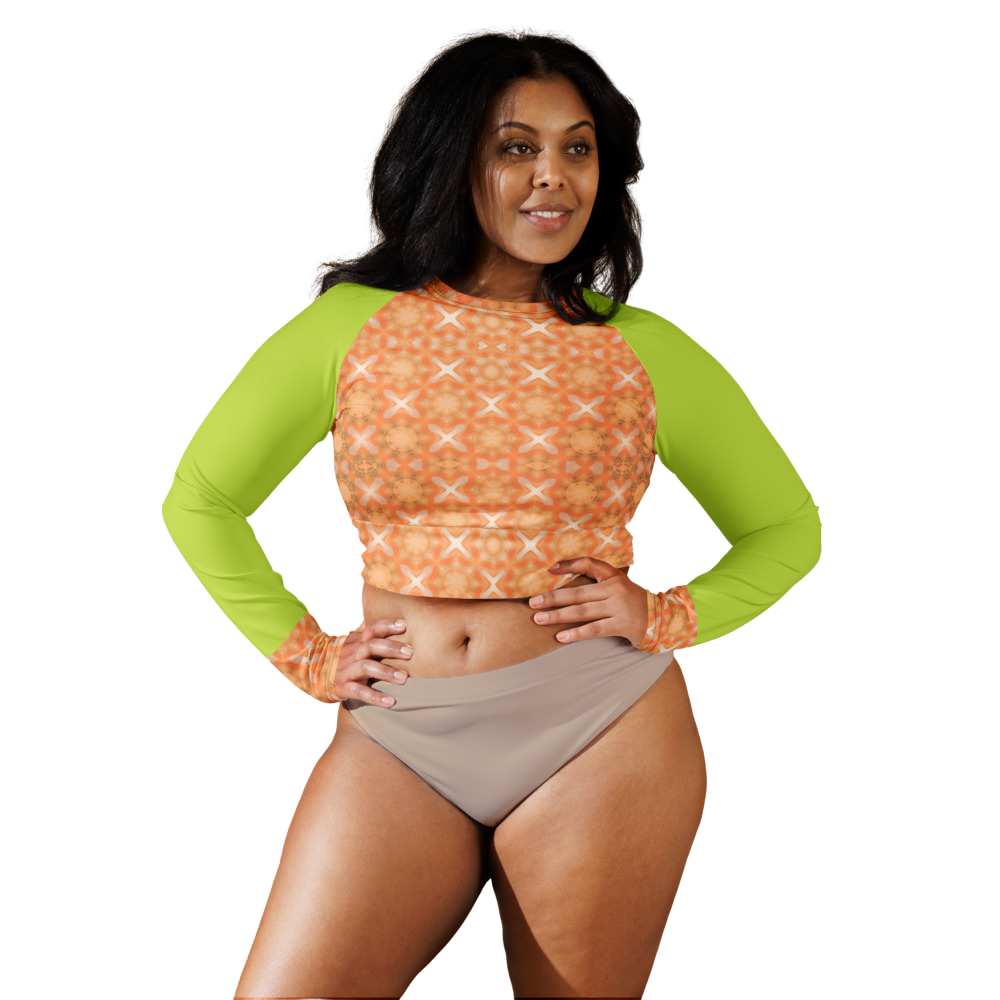 Recycled Long-Sleeve Crop Top Peach Fuzz and Neon Green Sleeves