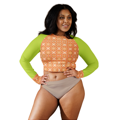 Recycled Long-Sleeve Crop Top Peach Fuzz and Neon Green Sleeves