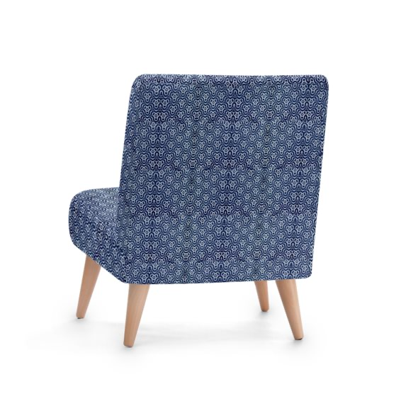 Blue patterned chair with wooden legs on a white background