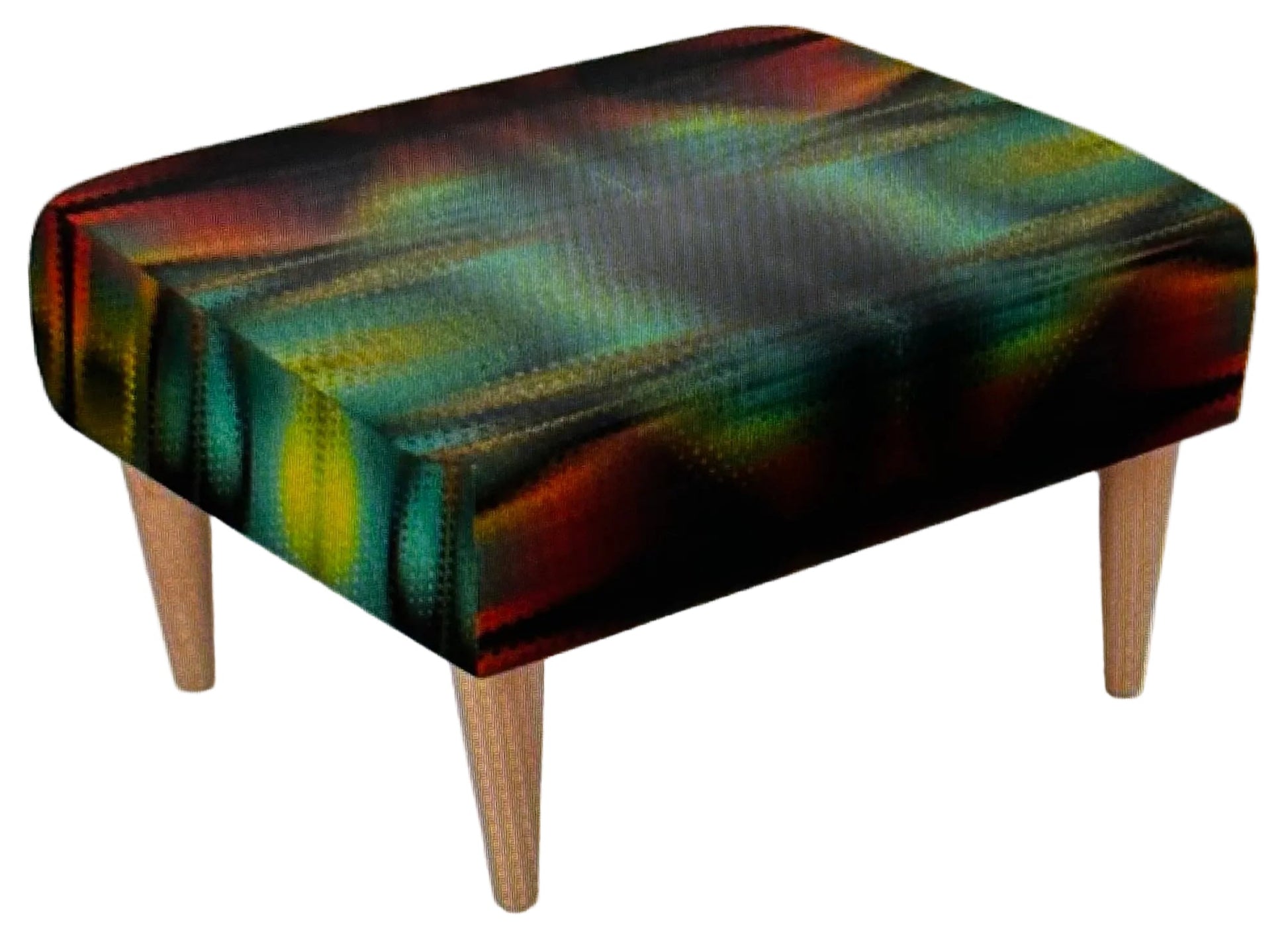 A square upholstered foot stool with a colorful abstract pattern in green, yellow, orange, and red, supported by four tapered wooden legs on a light gray textured background.