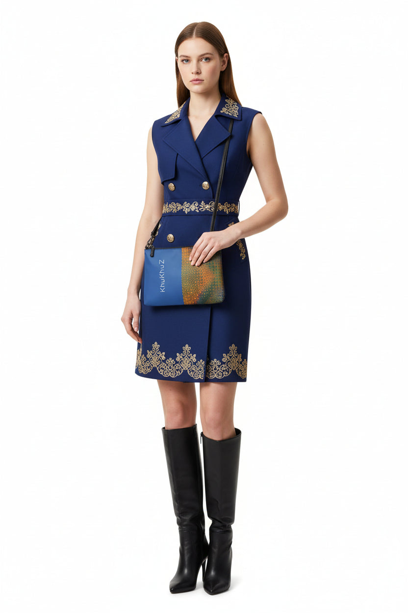 Handbag with blue and patterned sides held by a hand against a beige background