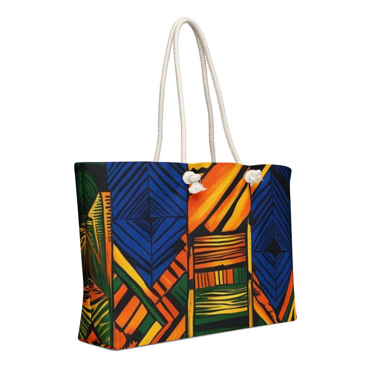 Colorful geometric patterned tote bag with a white handle on a white background