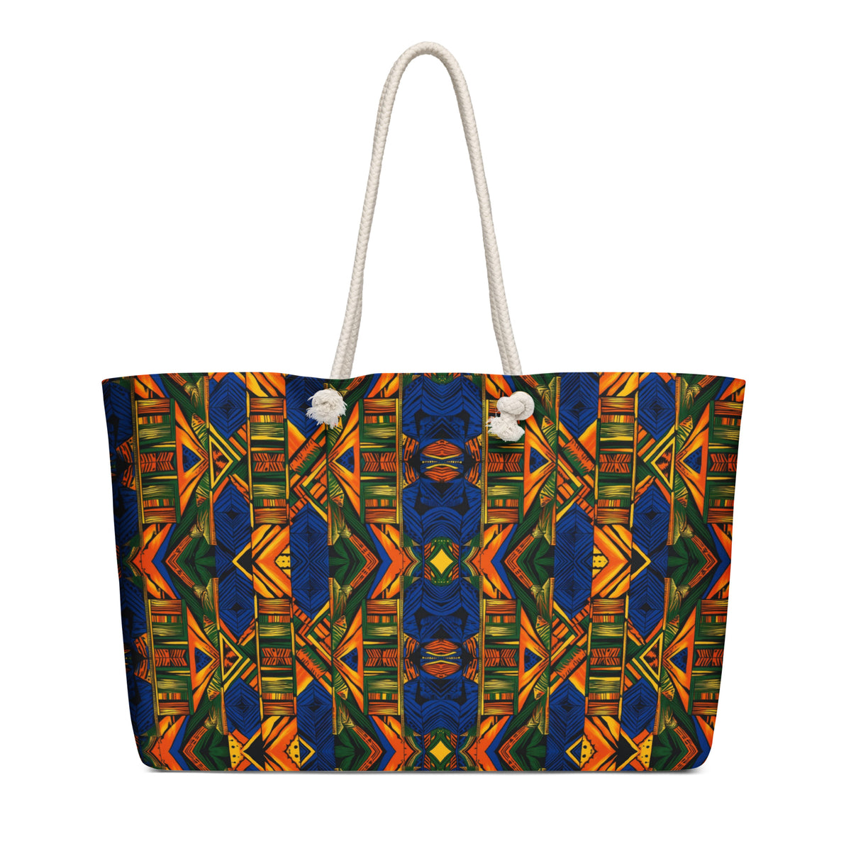 Oversized weekender bag in vibrant blue African print with rope handles.