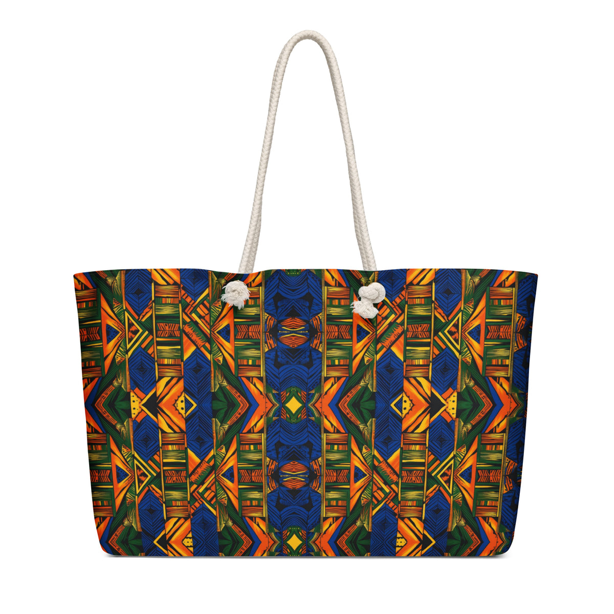 Oversized weekender bag with blue African print pattern and white rope handles.