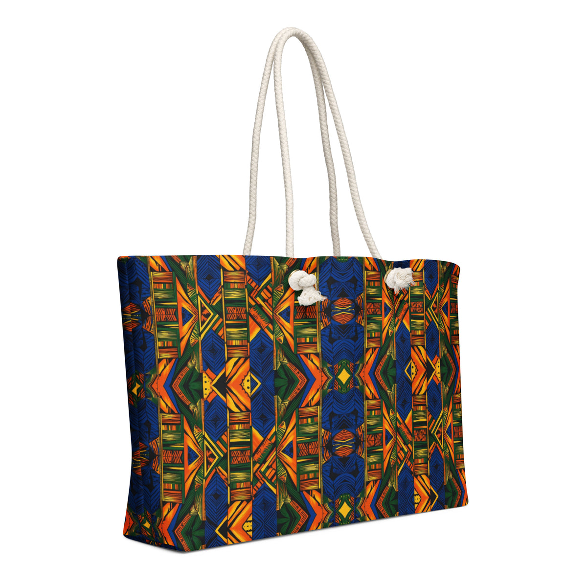 Oversized weekender bag in blue African print with white rope handles and wide mouth.
