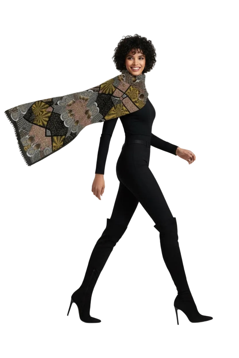 Woman in black outfit with patterned cape on abstract geometric background