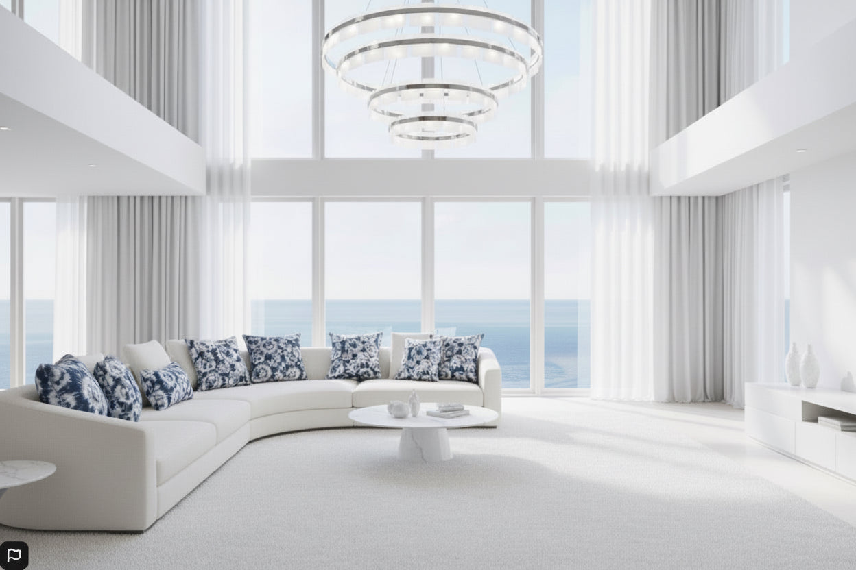 Modern living room with a large window view, white sofa, and blue patterned rug.