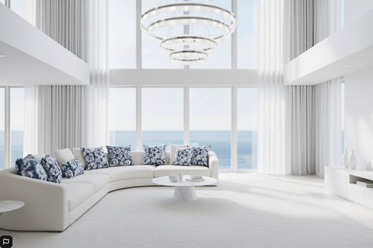 Modern living room with a large window view, white sofa, and blue patterned rug.