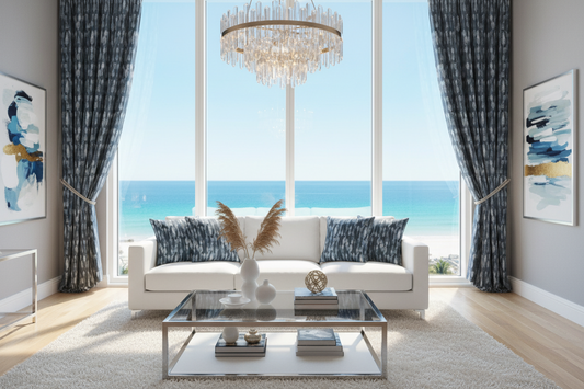 Modern living room with large windows overlooking the ocean, featuring a chandelier and decorative items & throw cushions 