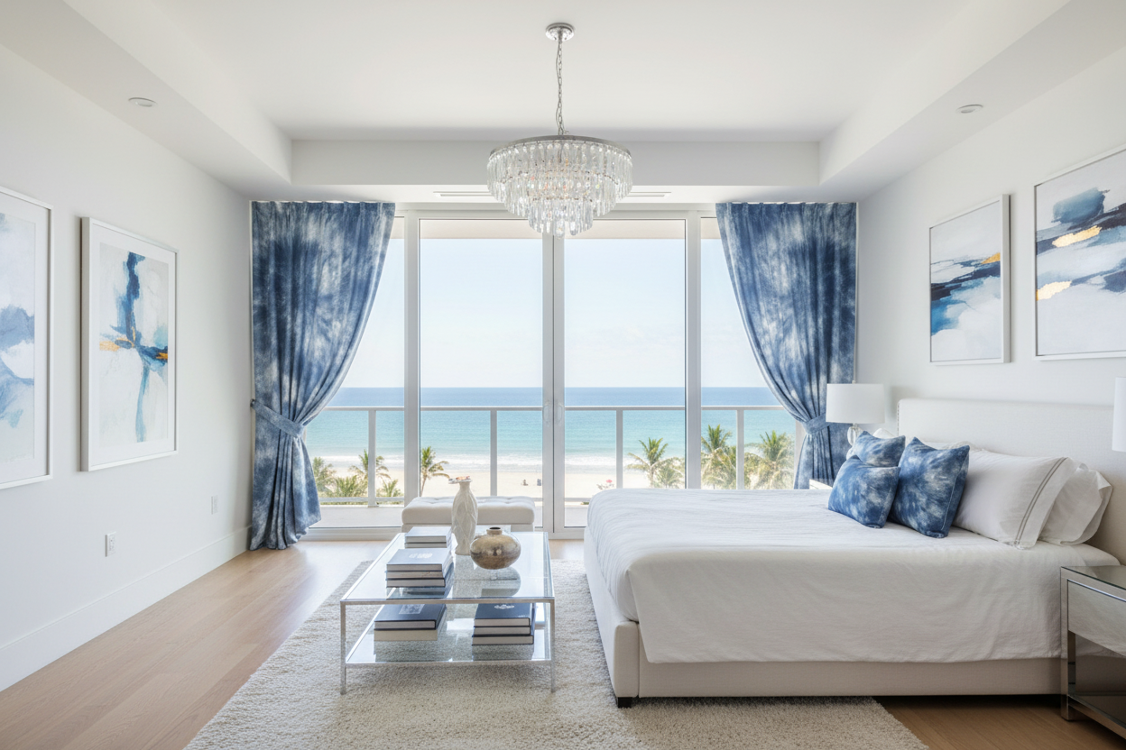 Modern living room with ocean view, white sofa, and decorative elements.