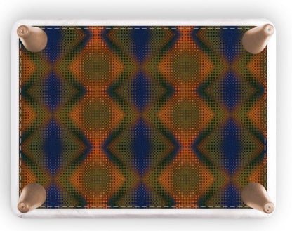 A rectangular footstool with rounded corners and four wooden feet, featuring a colorful geometric pattern of blue, green, and orange diamonds, shown on a white background.