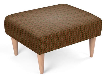 A square upholstered foot stool with a brown fabric top featuring a small repeating geometric pattern, supported by four tapered light wood legs, shown on a plain white background.