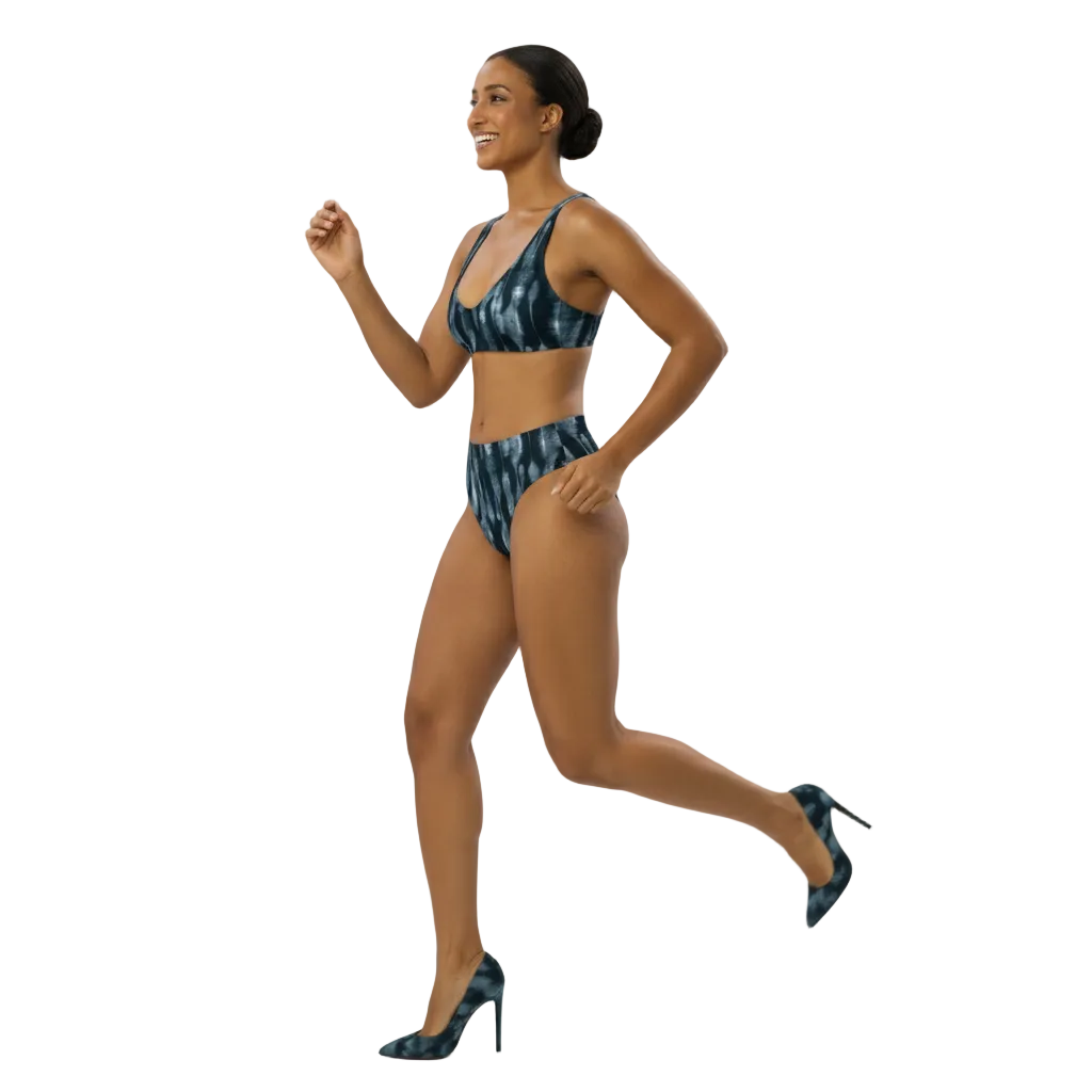 Woman wearing a blue tie-dye bikini on a white background