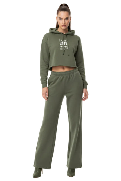 KhuKhuZ Green hoodie with 'I am safe in my body' text on a white background
