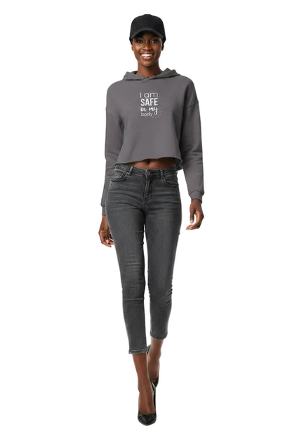 KhuKhuZ Gray hoodie with 'I am safe in my body' text on a white background