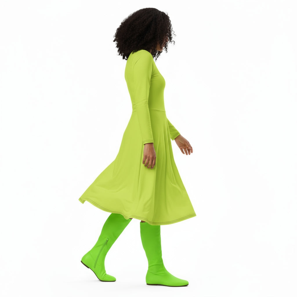 Long Sleeve Midi Dress Solid Neon Green KhuKhuZ Fashion & Lifestyle
