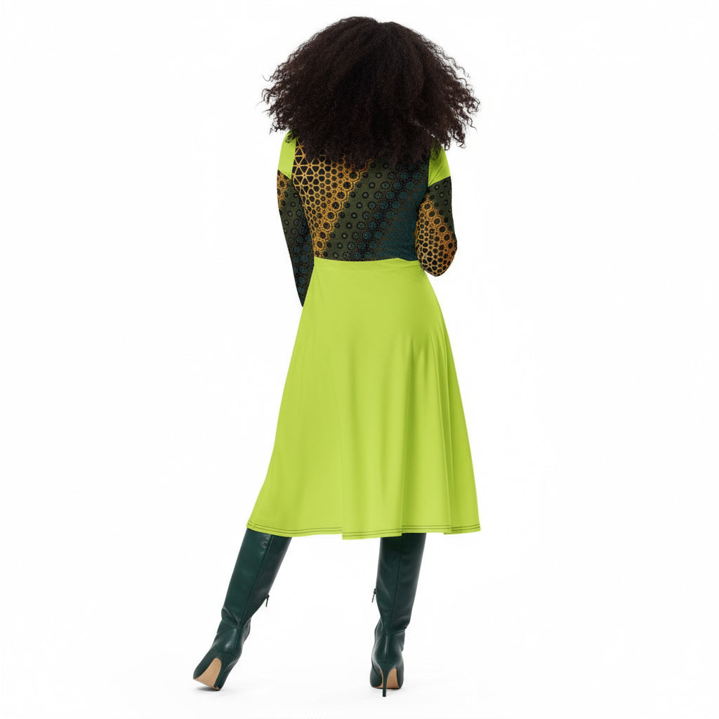 Wearing dark green stiletto knee high boots. Walking joyfully, hair flowing 