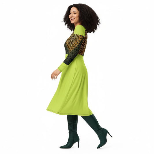 A woman wearing a long sleeve midi dress with a solid green color and floral pattern on the sleeves.
