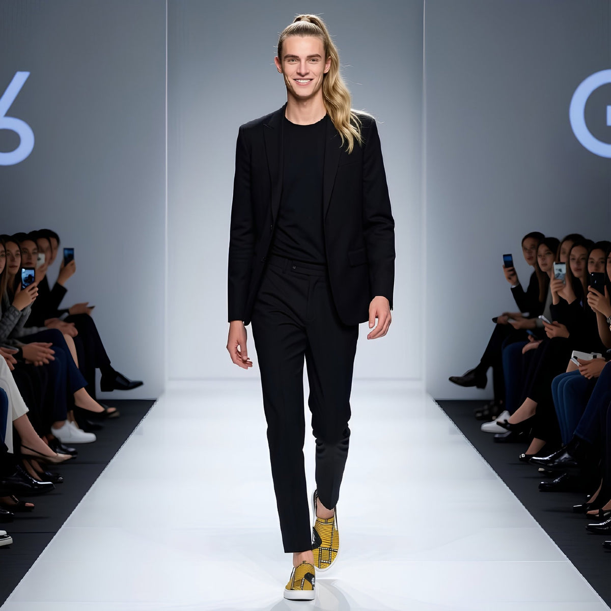 A male model walks down a fashion runway wearing a black blazer, black shirt, black trousers, and yellow slip-on sneakers. Audience members are seated on both sides of the catwalk.