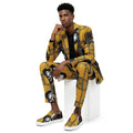 A pair of slip-on canvas sneakers featuring a vibrant yellow and black African wax print pattern, white soles, and white interior lining, shown against a plain white background.