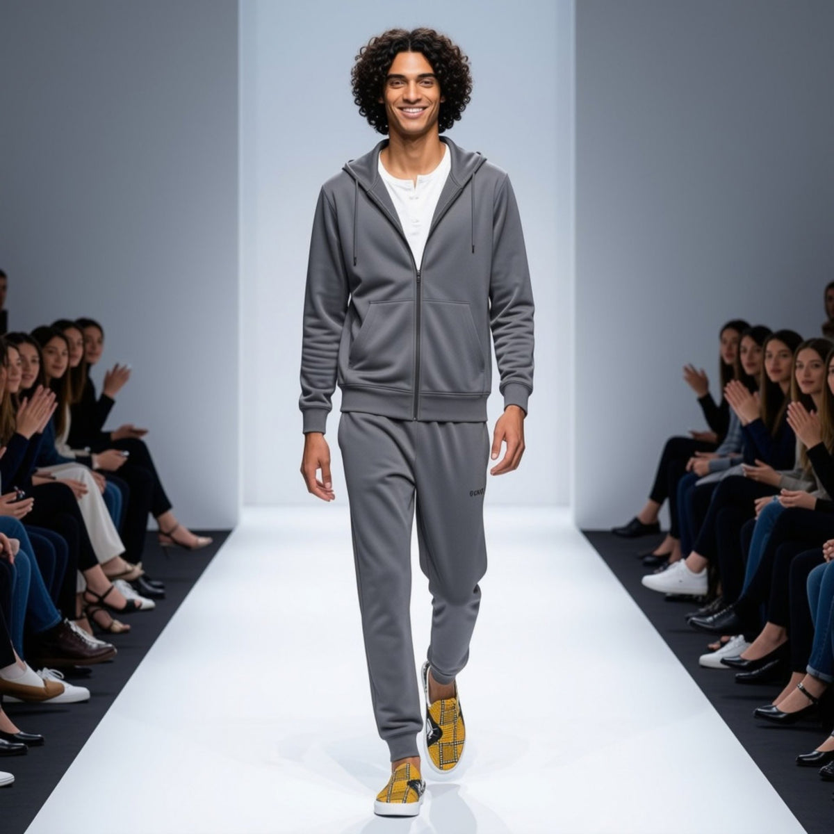 A male model walks down a fashion runway wearing a matching gray zip-up hoodie and jogger pants set, paired with a white undershirt and yellow sneakers. Audience members are seated on both sides of the catwalk applauding.