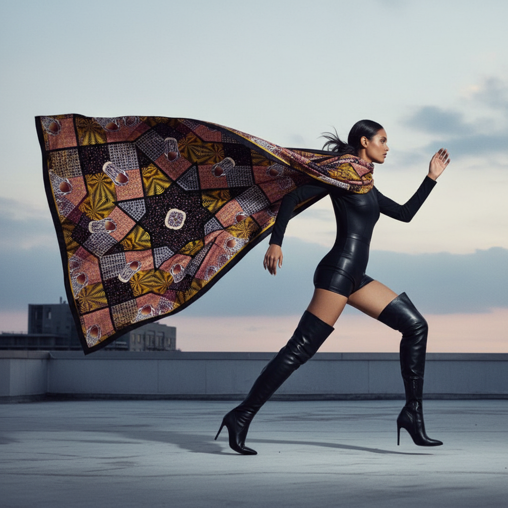 Woman in black outfit with a large patterned scarf on a rooftop