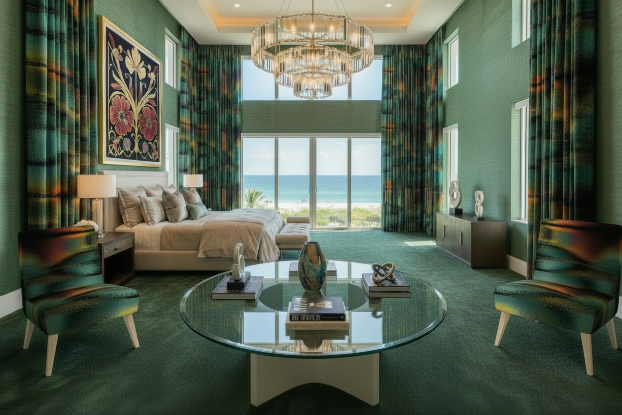 Luxurious bedroom with ocean view, large windows, and occasional chairs