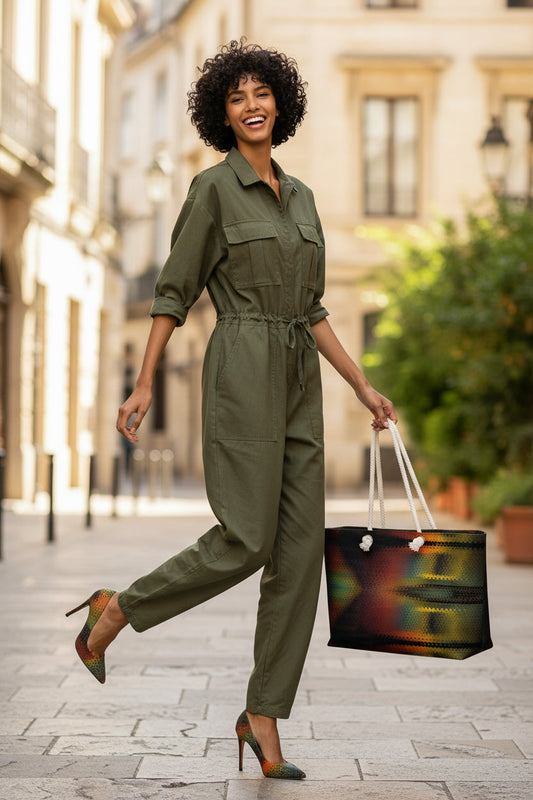 Woman in a green jumpsuit walking down a city street with a KhuKhuZ oversized weekender colorful bag.