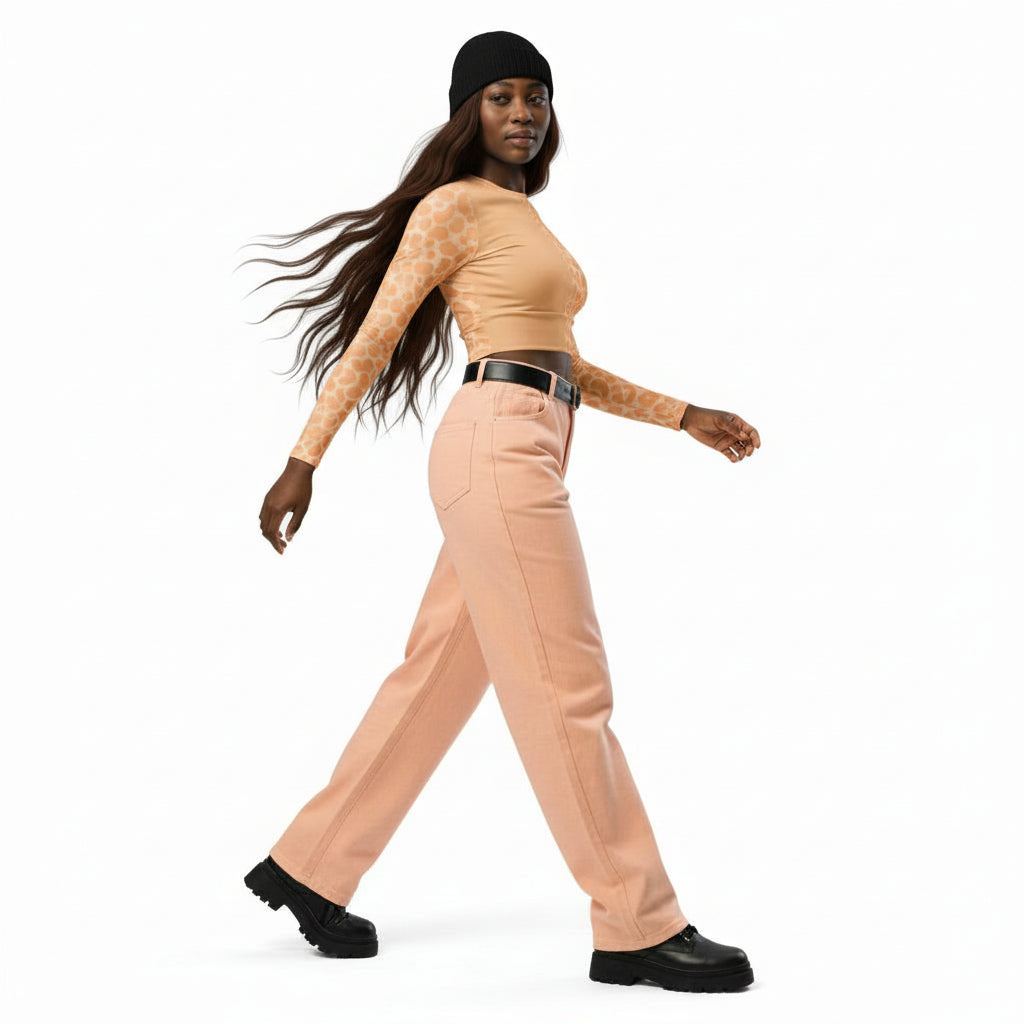 Woman wearing a peach fuzz crop top and pants with a black belt on a white background