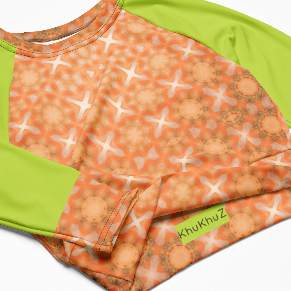 Recycled Long-Sleeve Crop Top Peach Fuzz and Neon Green Sleeves.
