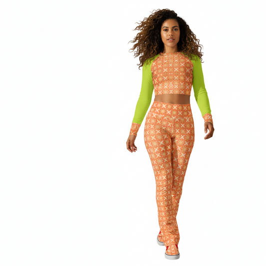 Woman wearing a neon green long-sleeve crop top with a peach fuzz pattern 