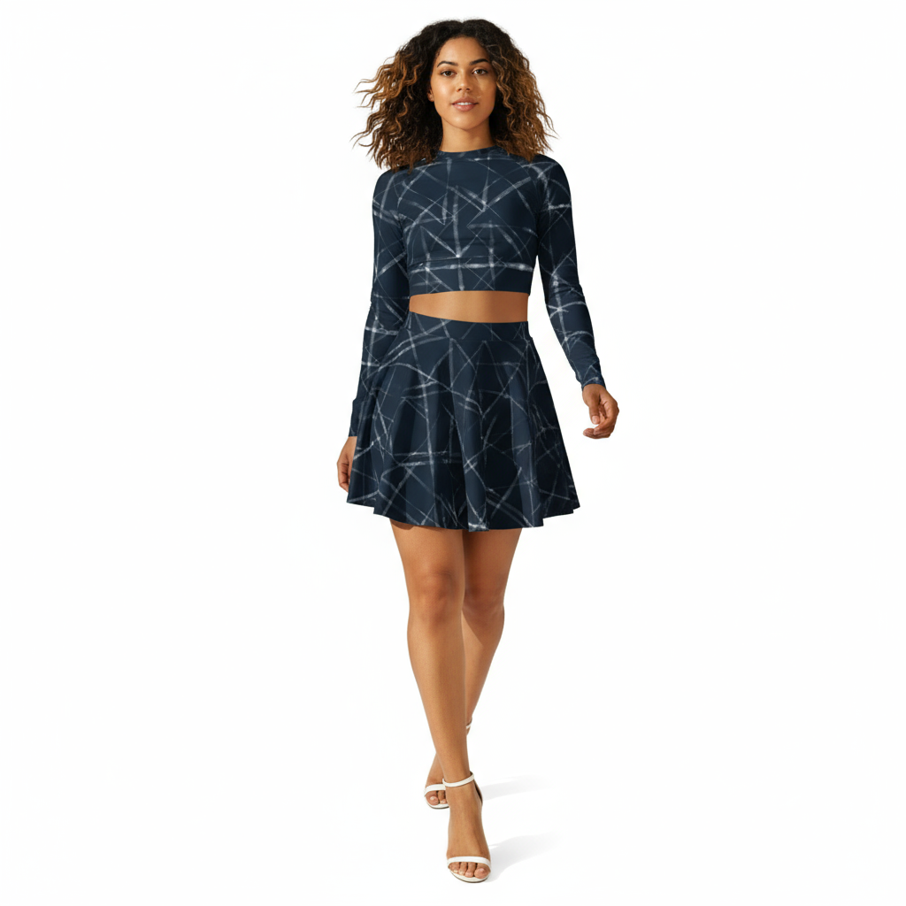 Woman wearing a navy blue long-sleeve crop top and skarter skirt set on a white background