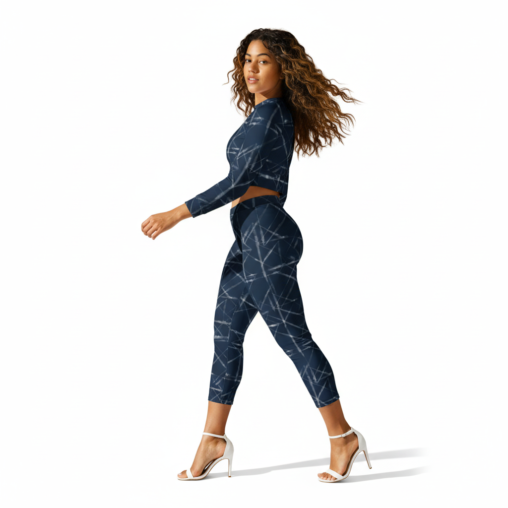 wearing 3 quater legging with same fabric print as crop top, white stiletto high heeled sandals, walking with hair flowing.