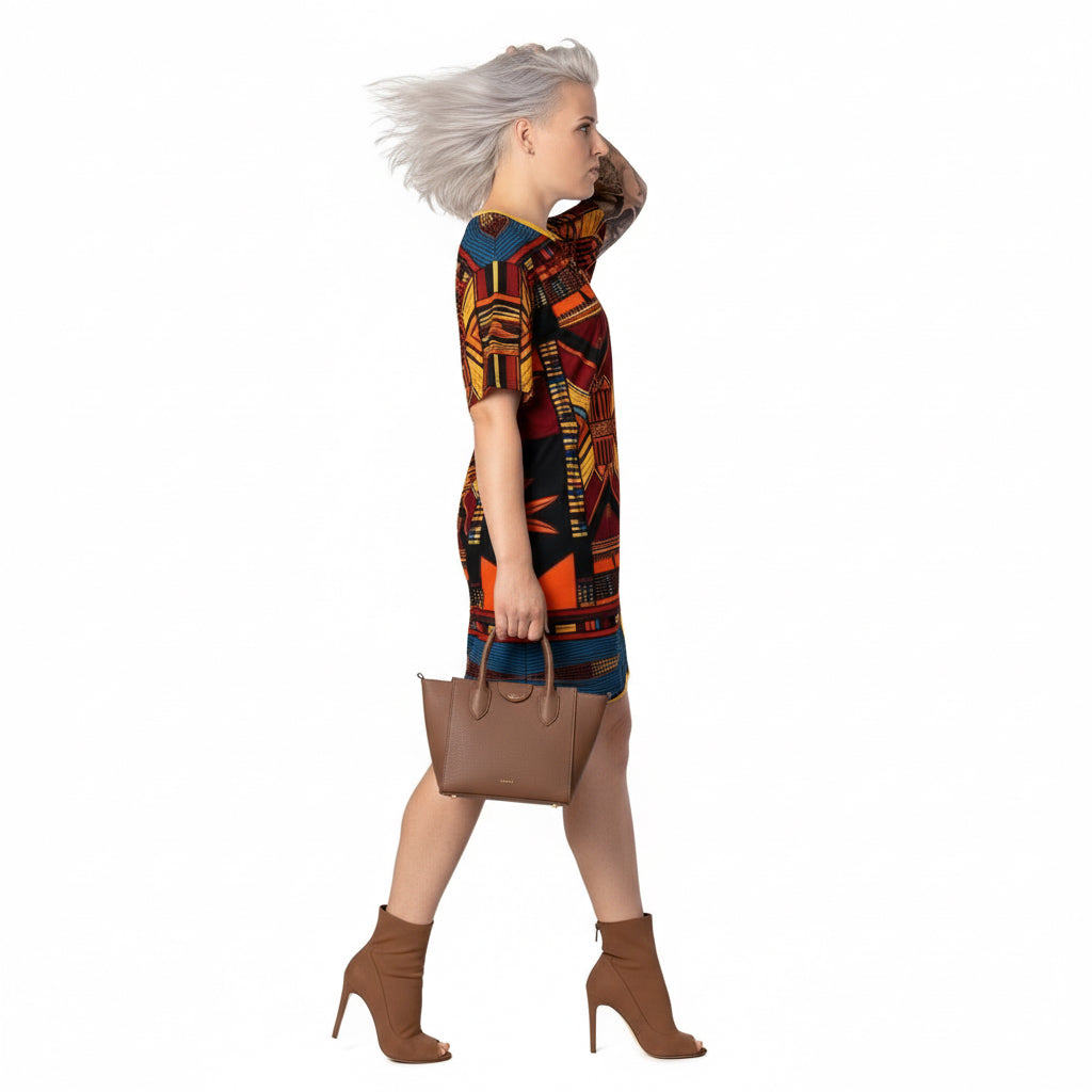 Person wearing a colorful patterned dress on a white background