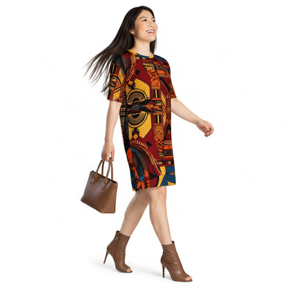 Woman wearing a colorful patterned dress on a white background