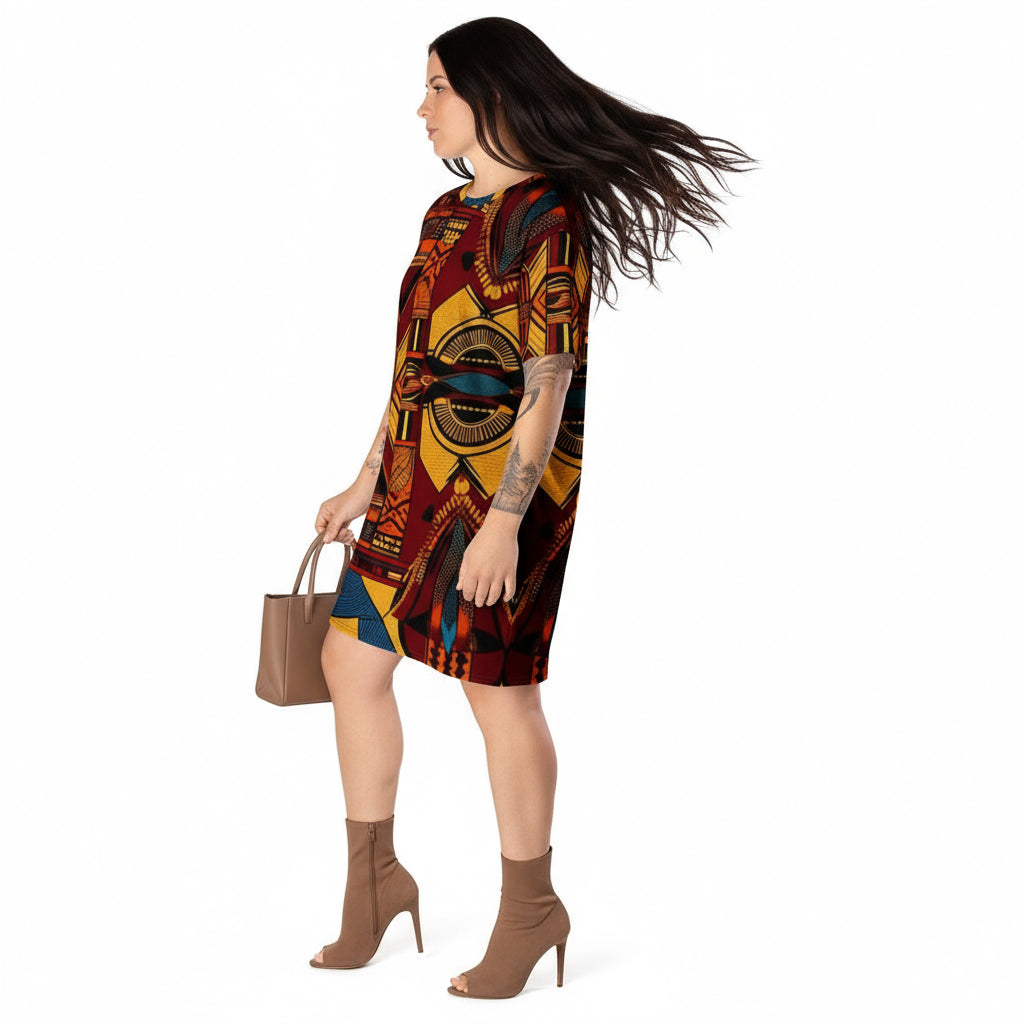 Person wearing a colorful patterned dress on a white background