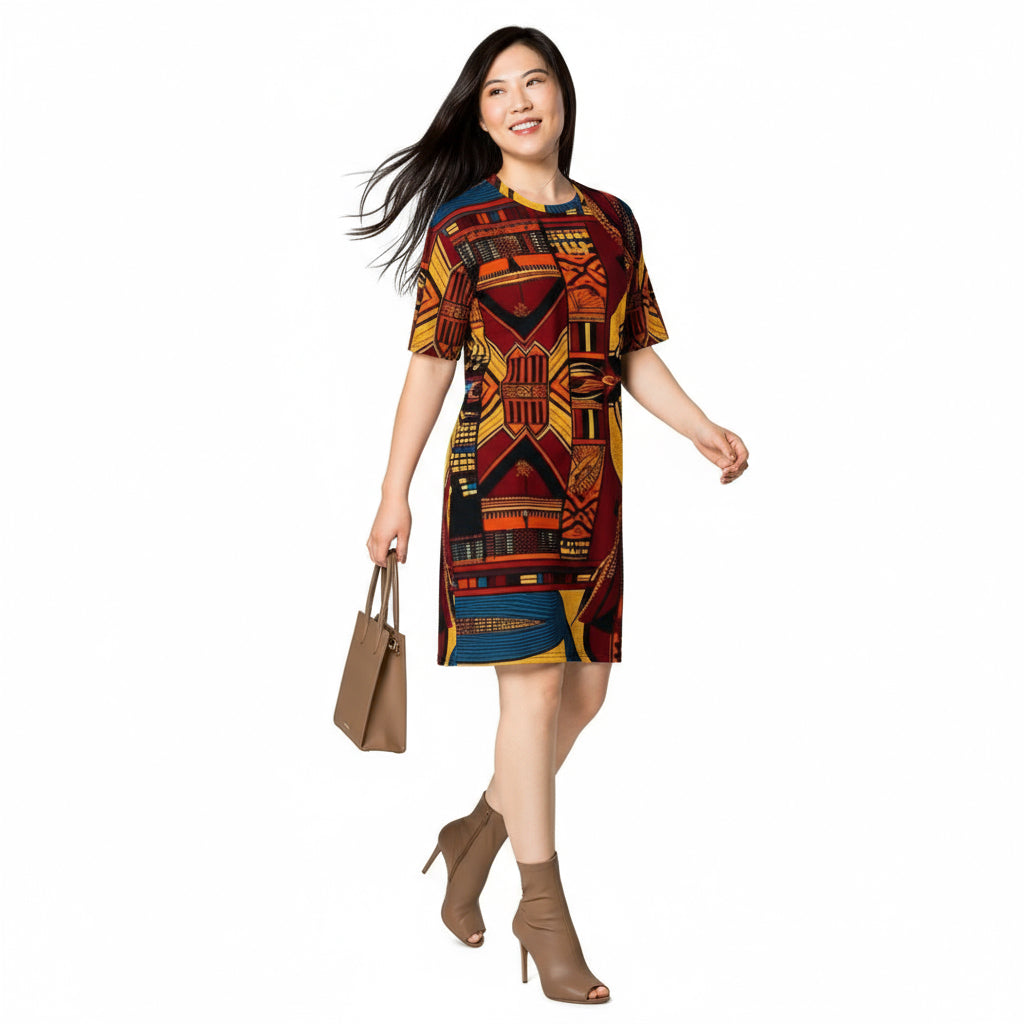 Woman wearing a colorful patterned dress on a white background