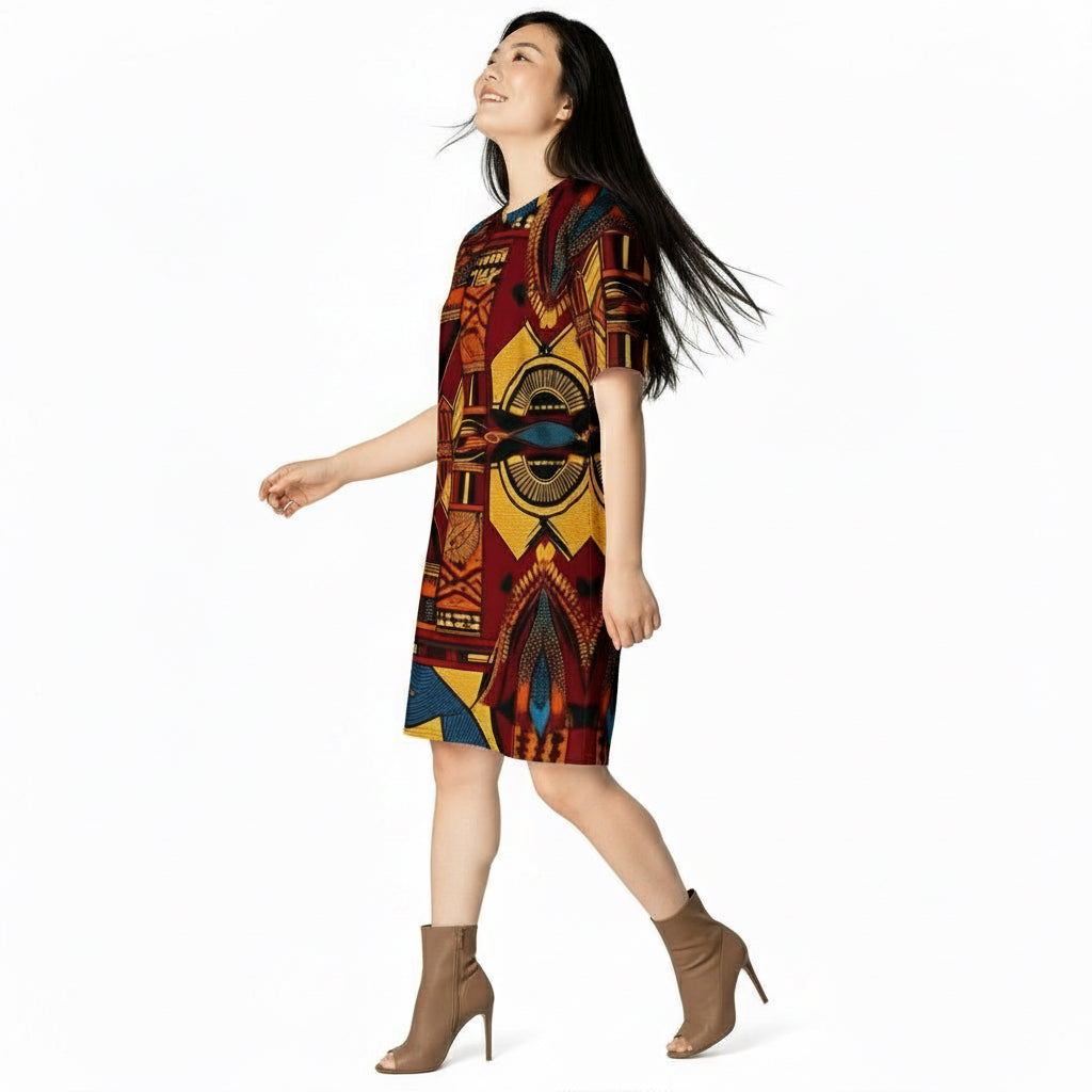 Woman wearing a colorful patterned dress on a white background