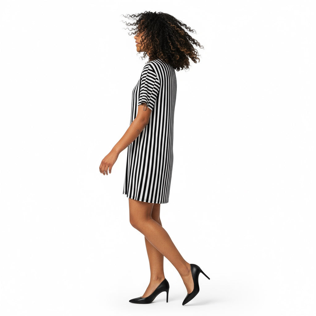 Woman wearing a black and white striped dress on a white background
