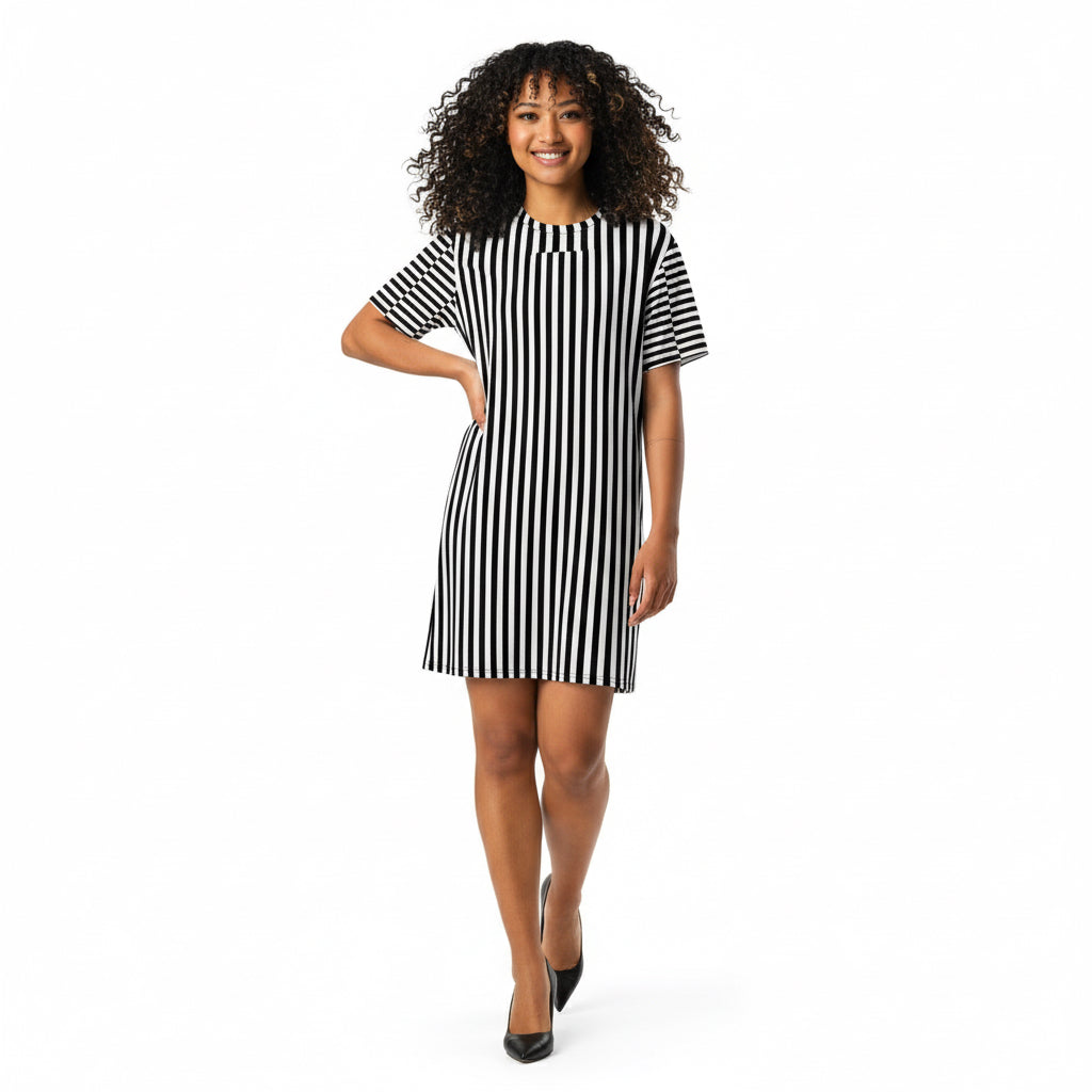 Woman wearing a black and white striped dress on a white background