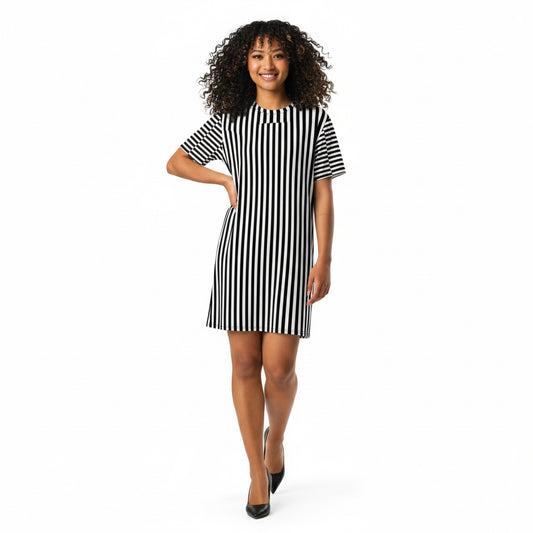 Woman wearing a black and white striped dress on a white background