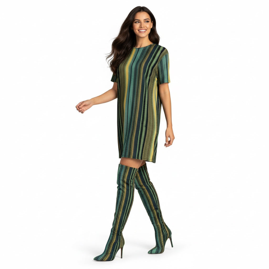 Person wearing a striped dress with green, yellow, and black pattern on a white background