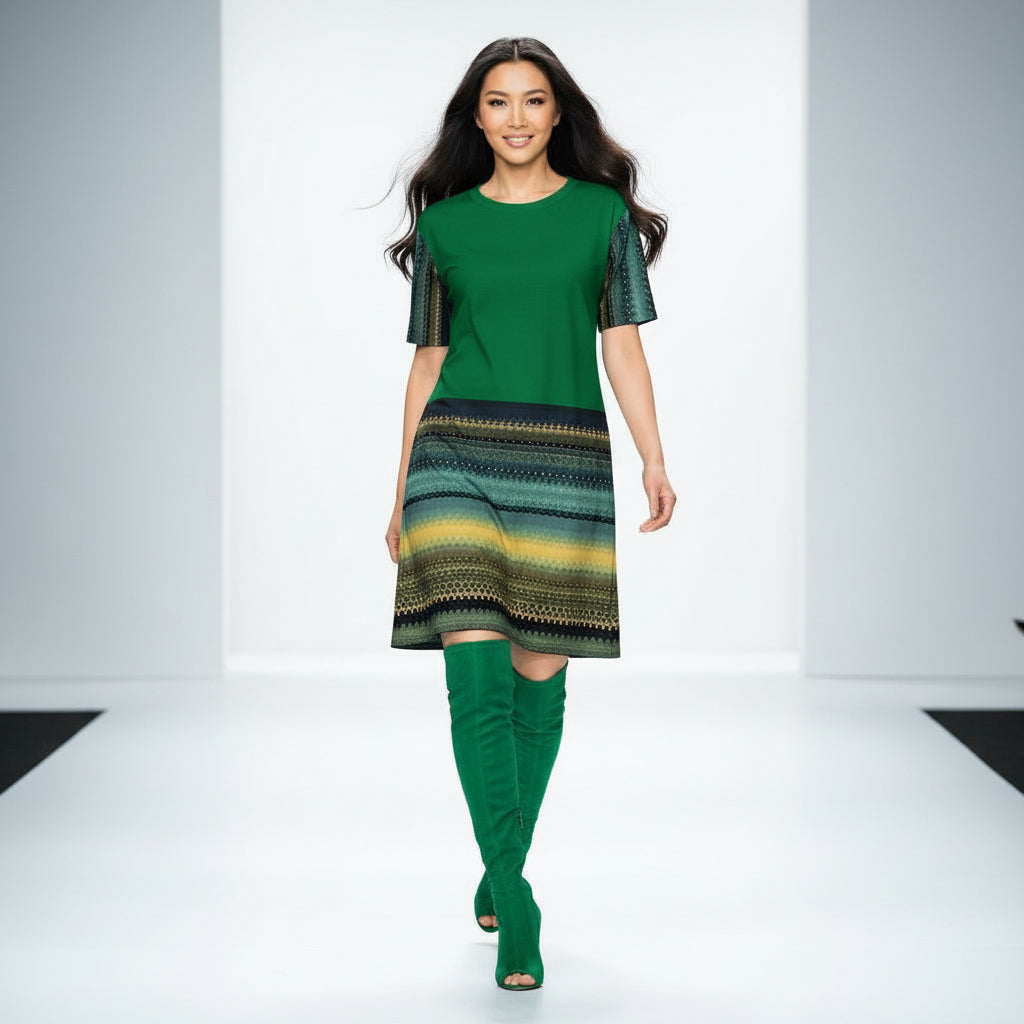 Woman wearing a green dress with patterned sleeves and hem on a white background, dancing and laughing